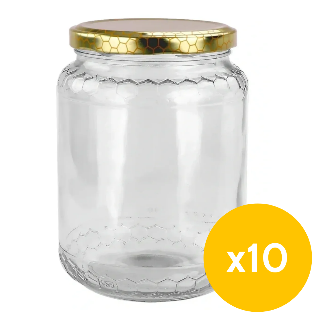 750mL Glass Honey Jar with Honeycomb Pattern - fits 1kg honey - 10 Pack