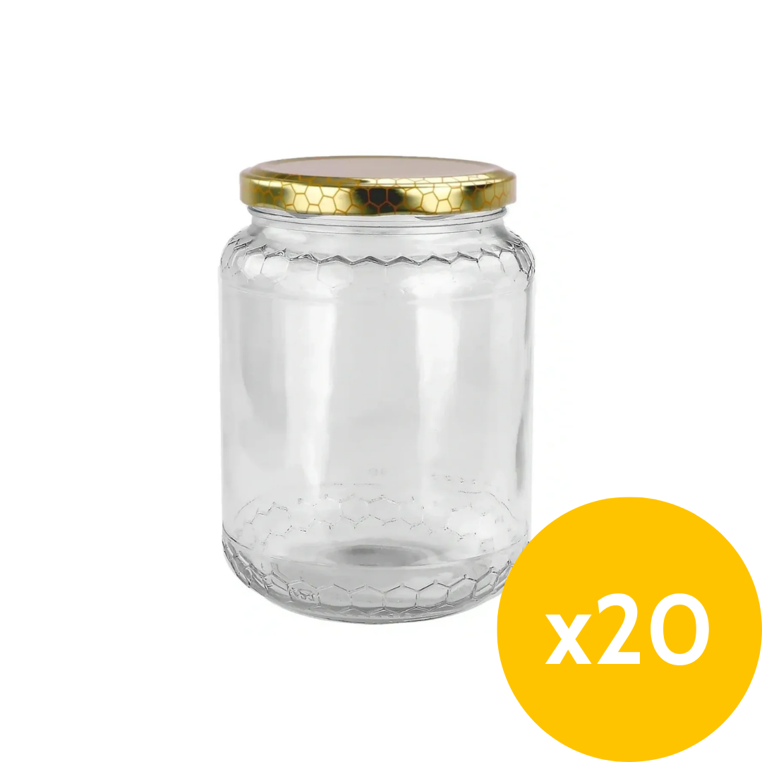 375mL Glass Honey Jar with Honeycomb Pattern - fits 500g honey - 20 Pack