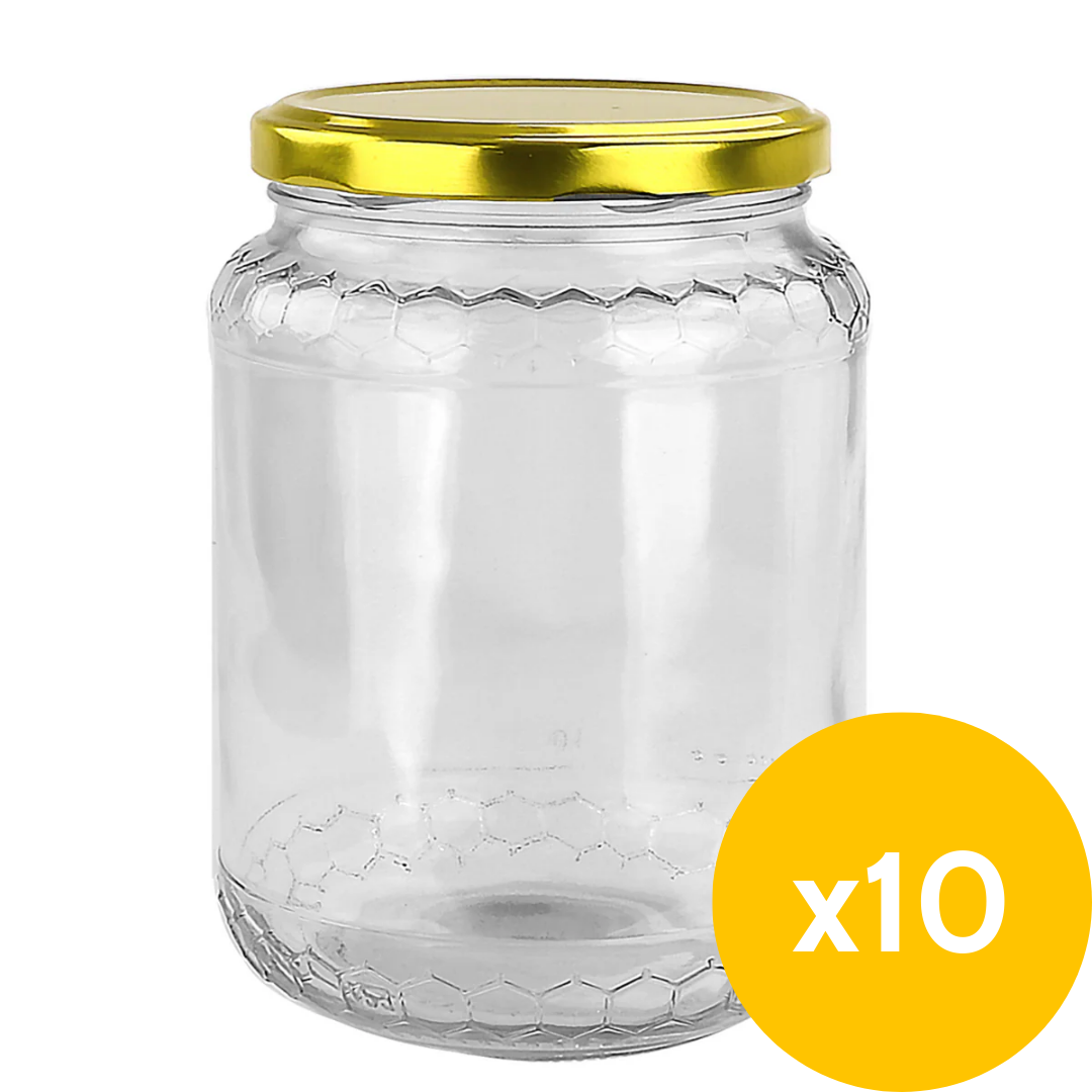 750mL Glass Honey Jar with Honeycomb Pattern - fits 1kg honey - 10 Pack