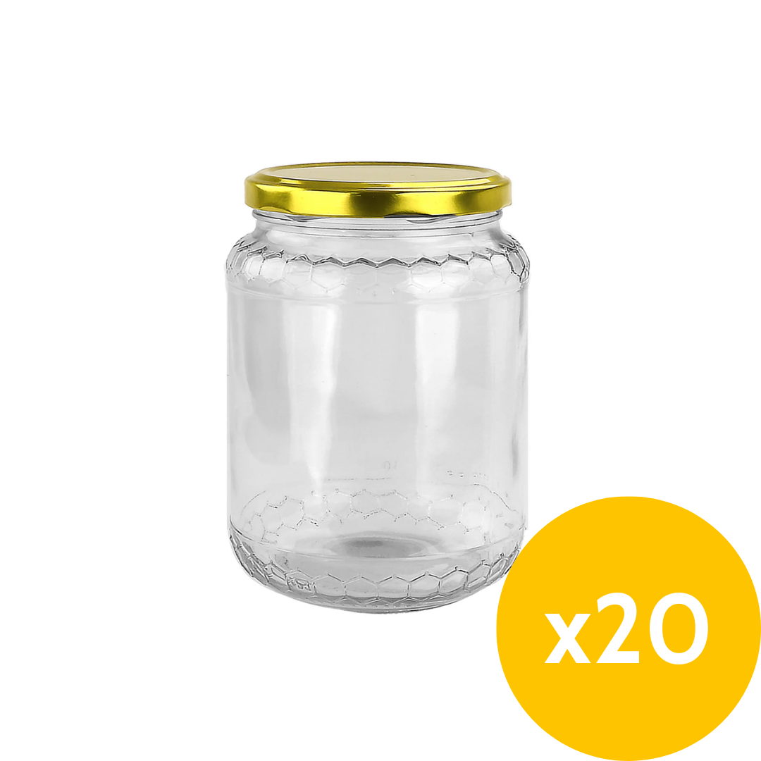 375mL Glass Honey Jar with Honeycomb Pattern - fits 500g honey - 20 Pack