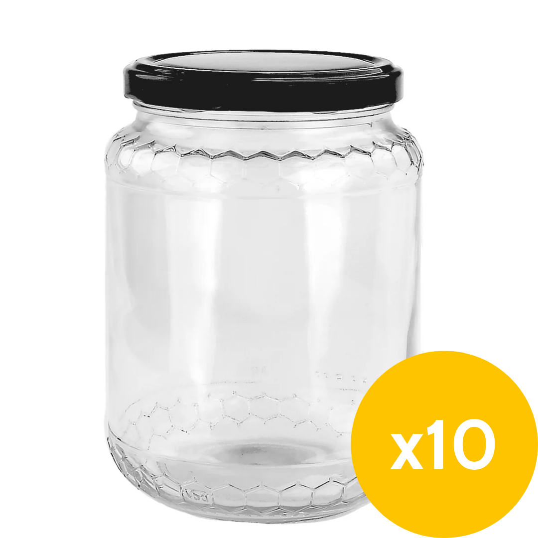 750mL Glass Honey Jar with Honeycomb Pattern - fits 1kg honey - 10 Pack