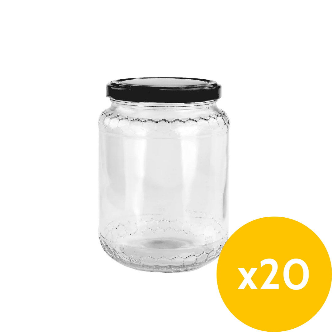 375mL Glass Honey Jar with Honeycomb Pattern - fits 500g honey - 20 Pack